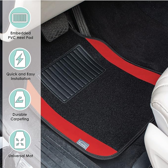 FH Group Automotive Floor Mats – Universal Fit Premium Carpet Car Mats with Driver Heel Pad, Full Set for Cars, SUVs & Trucks - Red