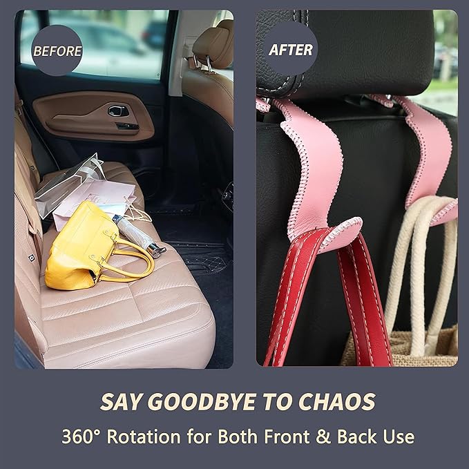 Amooca Car Seat Headrest Hook Universal Vehicle Storage Hanger Leather with Metal Car Seat Back Organizer for Handbag Purse Coat Pink 2 Pack