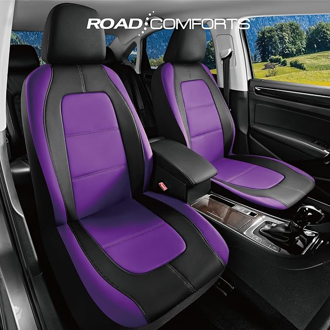 Road Comforts Car Seat Cover, Leather Car Seat Cover Full Set, Automotive Seat Covers, Airbag Compatible Universal Fit for Most Cars (Purple)