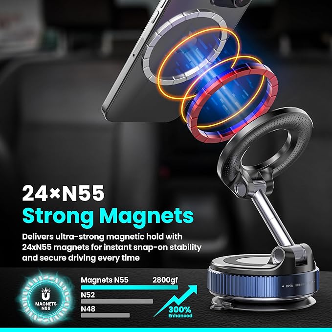 Magnetic Vacuum Phone Holder for Car – Adjustable 360° Strong Suction Mount, MagSafe Compatible Car Mount, iPhone Holder for Dashboard & Windshield, Adsorption Stand for iPhone & Samsung Smartphones