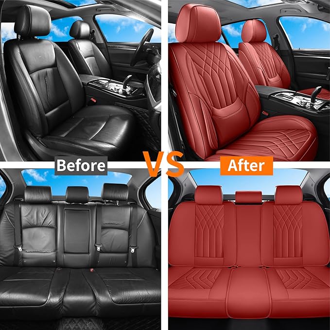 GEZHOUBA Red Car Seat Covers Full Set, Luxury Faux Leather Red Seat Covers for Cars Front and Back Seats Protector, Waterproof Full Wrapped Covers Universal Fit for Most Cars Sedans SUVs