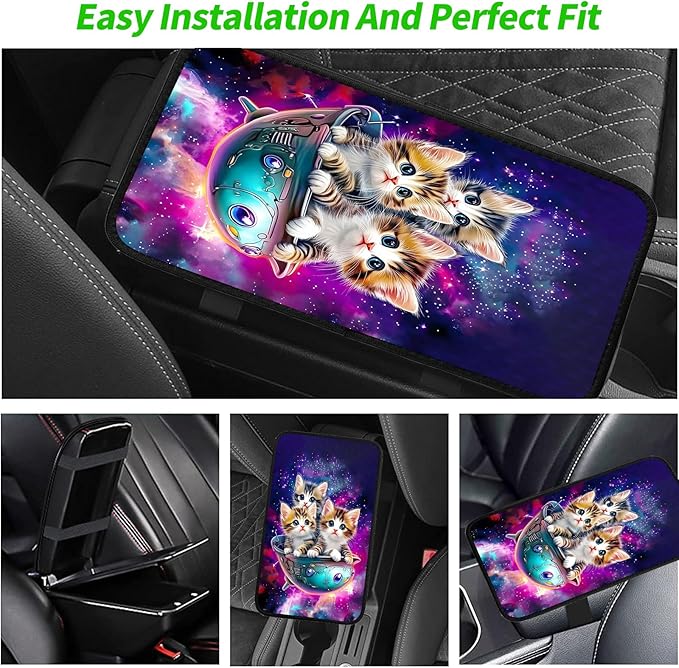 JANENFNA Car Armrest Cover Pads Universal Fashion Cute Auto Center Console Armrest Cover Pad with 2PCS Car Coasters Soft Waterproof Car Armrest Seat Protector for Women,Cute Cat in Spaceship