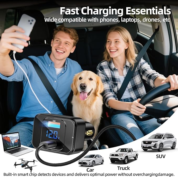 Fast Car Charger for iPhone 17 Sumsung Fast Charging Cigarette Lighter Adapter Accessories, Multi Device Family Travel Road Trip Essentials, 170W USB C 12V-24V 140W PD3.1, LED Display