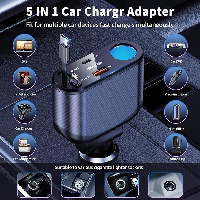OHLPRO Retractable Car Charger Cigarette Lighter Adapter, 168W 5 in 1 Fast Phone Charging Built-in Replaceable Fuse, Socket Splitter with USB C and USB i Cord, Fit for Phone, iPad, Galaxy, GPS
