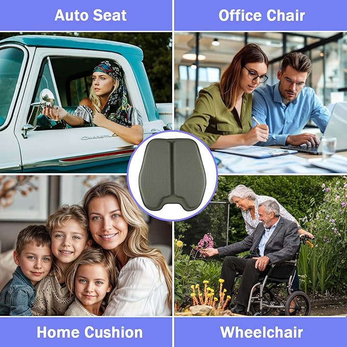 Soft Thin Gel Seat Cushion for Car Seat, Office Chair, Wheelchair, Stadium - Non-Slip Car Seat Cushions with 1 Inch Gel - Sciatica & Tailbone Pain Relief (Green)