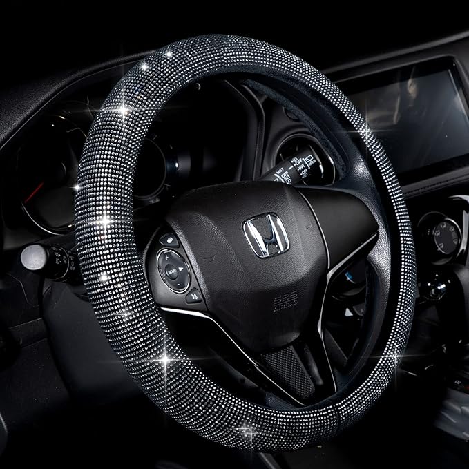 Valleycomfy Steering Wheel Cover for Women Men Bling Bling Crystal Diamond Sparkling Car SUV Wheel Protector Universal Fit 15 Inch (Black with White Diamond,Standard Size(14" 1/2-15" 1/4))