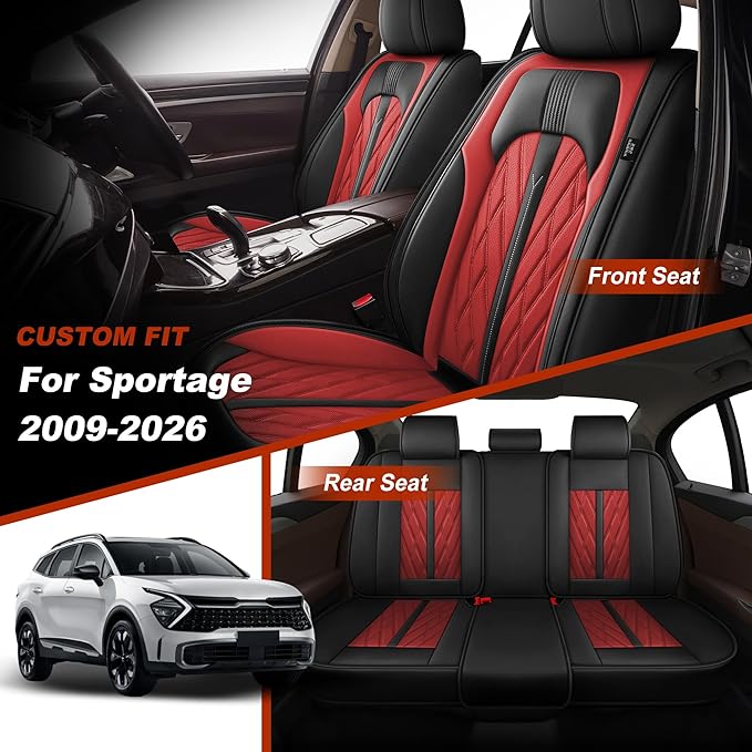 TTX LIGHTING Seat Covers Fit for Kia Sportage 2009-2026 Seat Covers Full Set Car Seat Covers Faux Leather Breathable Waterproof Car Seat Protector (5 Seats, Black&Red)