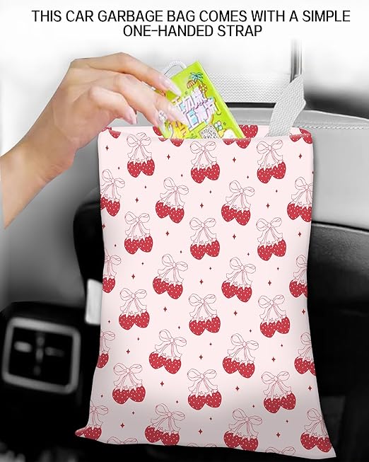 ANKVRP Car Trash Can, Durable Hanging Car Trash Garbage Bag, Cute Automotive Garbage Cans Organizer, Cute Pink Strawberry Bow