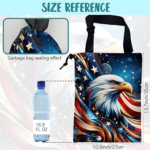 KXWQTRDD Car Garbage Bag American Flag and Bald Eagle Drawstring Car Trash Bag Hanging for Back Seat with Adjustable Buckle Canvas Vehicle Trash Can Easy-to-Install