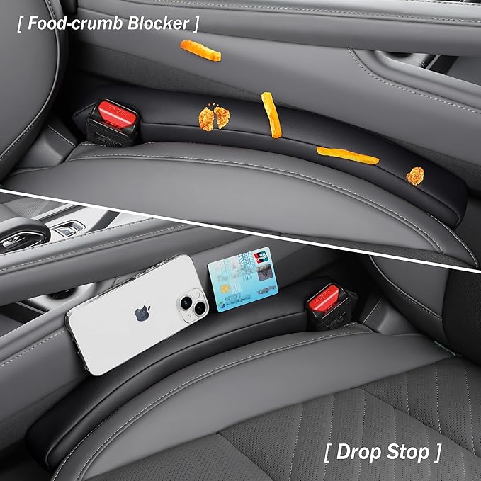 POKSRI Car seat Gap Filler, 2 Pack Leather Gap Organizers Stop Things from Dropping into The Gap Between seat and Console, Adjustable Width 1.4-2.4 inches Fit Most car/Truck/SUV, Accessories(Black)