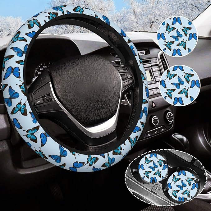 Blue Butterfly Steering Wheel Cover for Women Men with 2 Pcs Car Coasters, Universal 14.5-15 Inch Rainbow Steering Wheel Covers Non-Slip Car Accessories for Girls