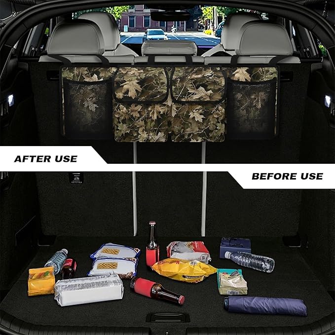 CLOHOMIN Camo Hunting Trunk Organizer for Car Women Men Wood Trunk Hanging Organizer Backseat Bag Collapsible Auto Storage Accessories Interior with 2 Pockets 2 Mesh Pouches