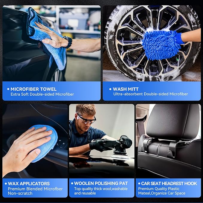 29Pcs Car Detailing Kit,Compelete Car Cleaning Kits Interior Cleaner with Detailing Brushes,Drill Brush Heads,Car Wash Kit with Cleaning Gel,Wash Mitt,Car Hooks,Car Care Gift for Men