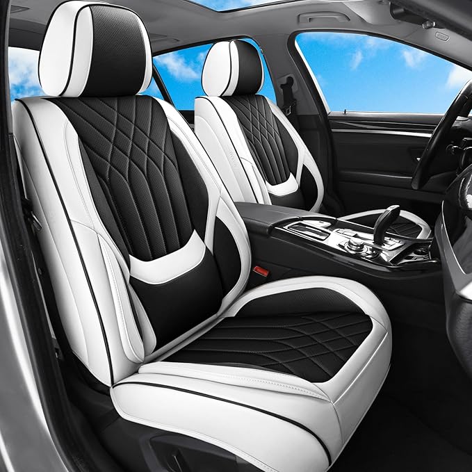 GEZHOUBA Black White Car Seat Covers Full Set, Full Coverage Luxury Leather Automotive Seat Covers Waterproof Car Seat Protector, Front & Rear Seats Cover Sets Universal Fit for Most Cars SUVs Trucks