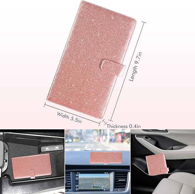 Caweet Car Registration and Insurance Holder Vehicle Glove Box Organizer Leather Car Document Holder for Driver's License, ID, Key Information Cards with Magnetic Closure, Glitter Rose Gold
