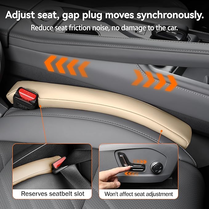 POKSRI 2PCS Leather Car Seat Gap Filler organizer,Gap plug box for car seat space,fill between gap strip,Fits gaps 3.5-6cm(1.4-2.4 in) wide(Beige)