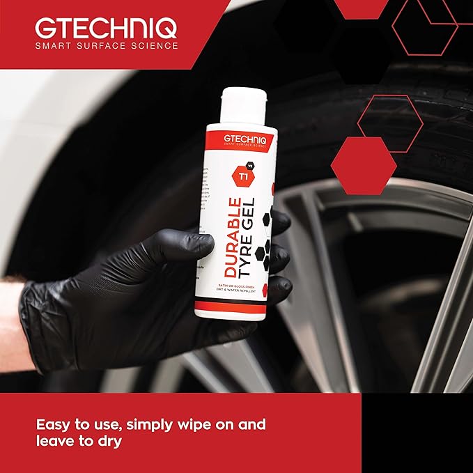 Gtechniq T1 Durable Tyre Gel for Car Tyre Shine, Car Wheel Cleaner Repels Water, Dirt and Grime, Restores Tyre Black Finish, Anti-Sling Formula, 100% Biodegradable, 1L