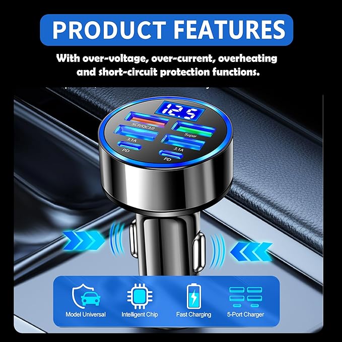 6 Port Fast USB Car Charger (PD+QC3.0),Cigarette Lighter USB Charger with LED Digital Display,Universal Car Charger Adapter Car Accessories Interior for Most 12V/24V Vehicles