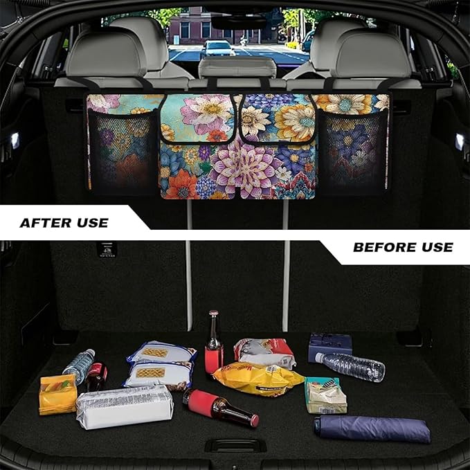 Dreaweet Boho Floral Print Car Trunk Organizer for Sedan Collapsible Hanging Car Storage Organizer Accessories Interior for Women Large Capacity 4 Pockets Car Organizer for SUV Trucks Minivan