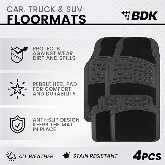 BDK HybridMat Automotive Rubber & Carpet Floor Mats, Front & Rear Seat Mat Set of Interior Liners for Car Sedan SUV Van, Heavy Duty All Weather, Semi-Trim to Fit, Black