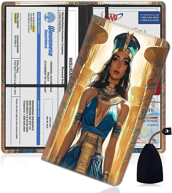 Car Document Holder with Magnetic Shut, Car Registration and Insurance Card Holder, Vehicle Glove Box Organizer Documents, Driver License, Auto Paperwork Organizer Wallet, Egyptian Queen Portrait