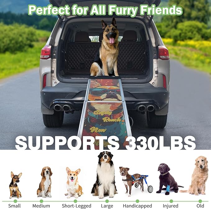 COZIWOW Telescoping Dog Car Ramp for Large Dogs - Heavy-Duty Aluminum Pet Ramp with High-Traction Surface, Anti-Slip Steps for Cars/Trucks/SUVs,Adjustable Sizing,330LB Load Capacity(Easy to Carry)
