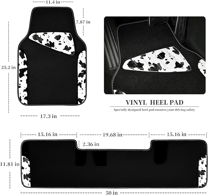 CAR PASS Waterproof Universal 3Pcs Car Floor Mats, Cow Print Car Mats Fit for SUV,Vans,sedans, Trucks,Set of Vehicles Car Carpet with Driver Heel Pad and Nibs Backing, Cute Women Girly (Black White)