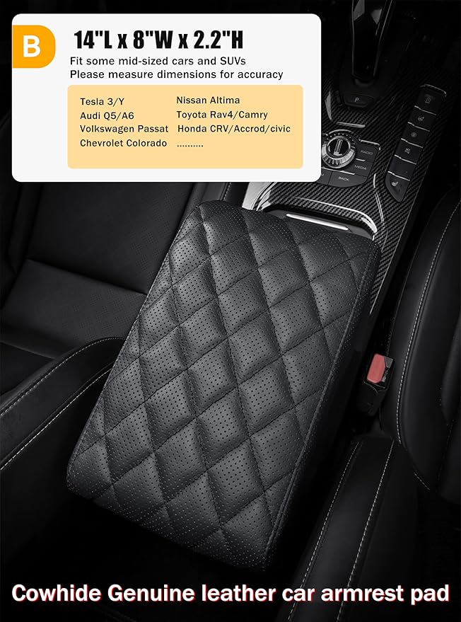 POKSRI Car Center Console Cover/pad Genuine Leather,Universal Armrest mat, Adjust driving posture Cushion,Protector box,Memory Foam,Real cowhide,Relieves shoulder/arm fatigue,boosting driving safety