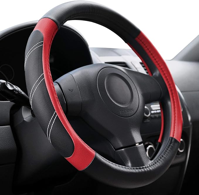 Elantrip Leather Steering Wheel Cover 15 1/2 to 16 inch Universal Large Grip Breathable for Car Truck SUV Jeep Anti Slip Black and Red