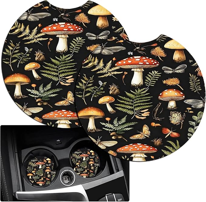 JANENFNA Car Armrest Cover Pads Universal Fashion Cute Auto Center Console Armrest Cover Pad with 2PCS Car Coasters Soft Waterproof Car Armrest Seat Protector for Women,Mushroom Insect Grass