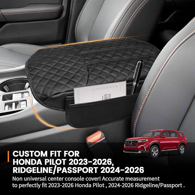 Custom for Center Console Cover Honda Pilot 2023-2025 Honda Ridgeline/Passport 2024 2025 2026 Armrest Cover Accessories PU Leather Armrest Seat Box Cover Protector with Pockets Storage Bag
