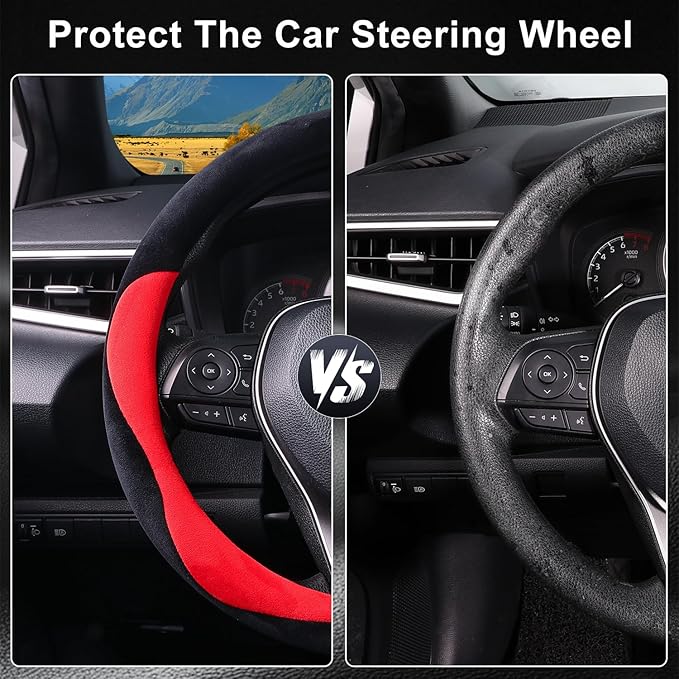 COFIT Plush Steering Wheel Cover Winter, Soft Warm Furry Grip Protector for Cars SUVs Trucks, Fits 14.5-15 Inch, Non-Slip Interior Accessory, Red