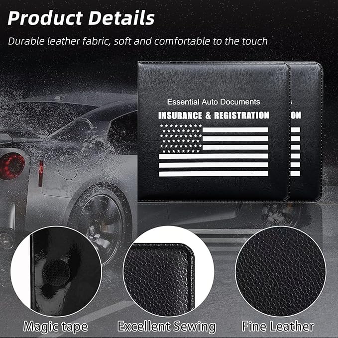 Ziciner Car Registration Insurance Holder, 2Pack Essential Auto Card Document Glove Box Organizer with Touch Fastener, Vehicle Interior Accessories Perfect for Most Car, Truck, SUV (Black/White Flag)