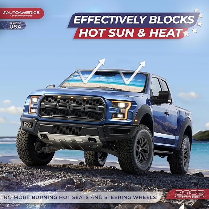 1-Piece Windshield Sun Shade - Foldable Car Front Window Sunshade for Cars SUV Truck Heat Blocker Visor Protector Blocks Max UV Rays and Keeps Your Vehicle Cool (SMALL = 59 x 28.5 inches, Sunny Beach)