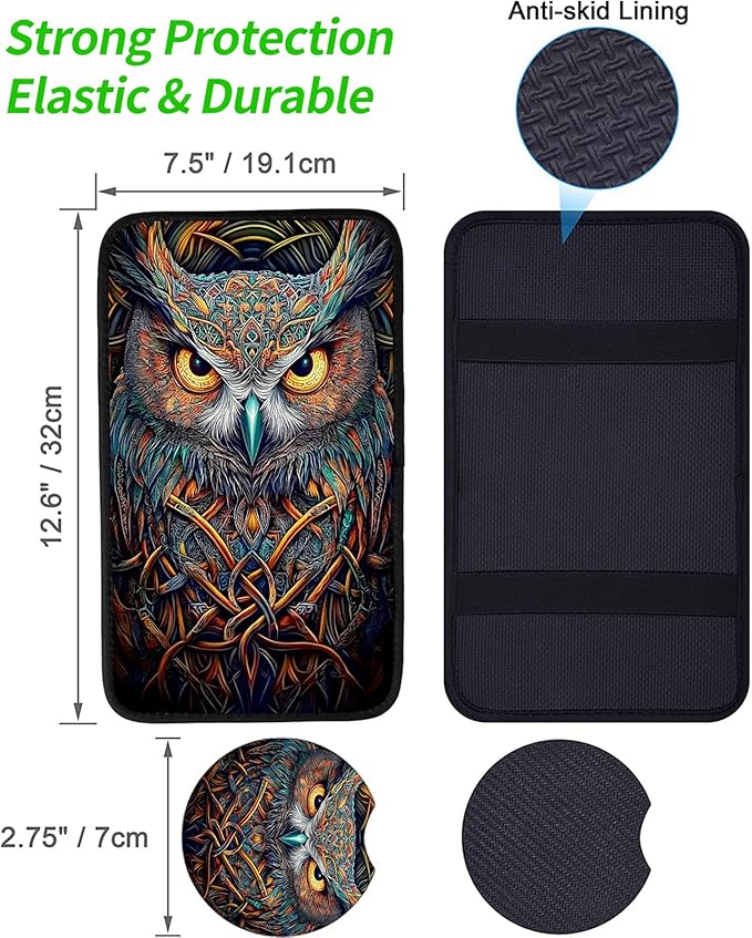 JANENFNA Car Armrest Cover Pads Universal Fashion Cute Auto Center Console Armrest Cover Pad with 2PCS Car Coasters Soft Waterproof Car Armrest Seat Protector for Women,Colorful Owl