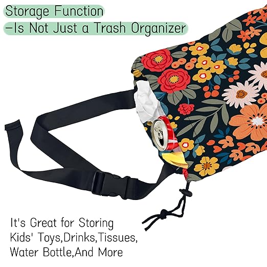 NHNXHWIA Colorful Flowers Car Trash Bag,Floral Bouquets Hanging Drawstring Car Garbage Bag,Waterproof Canvas Car Back Seat Organizer with Adjustable Buckle,for Vehicles,SUVs,Camping,Road Trips