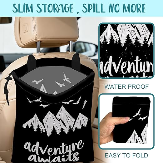 KXWQTRDD Adventure Awaits Car Garbage Bag Mountain and Bird Hanging Canvas Car Trash Bag Drawstring Car Back Seat Organizer for Car Back Front Seat Console with Adjustable Buckle
