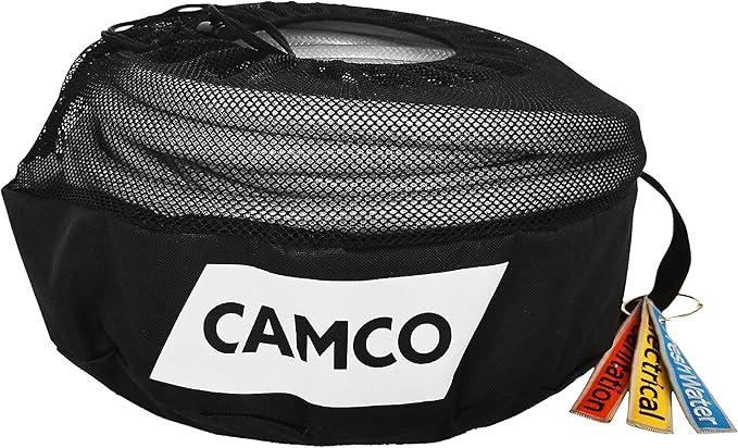 Camco Camper & RV Equipment Storage Bag - Features Lined Interior w/Breathable Mesh Top & Barrel Lock Clasp - Includes 3 ID Tags for RV Storage and Organization - 16” in Diameter x 10” Deep (53097)