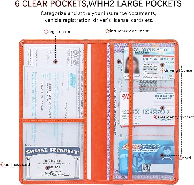 Peisicne Car Registration and Insurance Card Holder for Women Men, Orange Glove Box Paperwork Organizer with Magnetic Buckle for Easy Access and Protect Documents and Various Cards in Vehicle