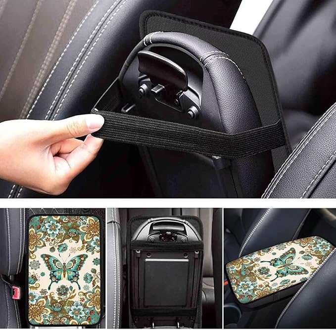 Butterfly Flowers Arm Rest Cover Car Easy to Install Car Console Covers Vehicle Armrest Cover Vehicle Accessories 12.3 x 7.5 Inch Fit for Most Cars, Vehicles, SUVs