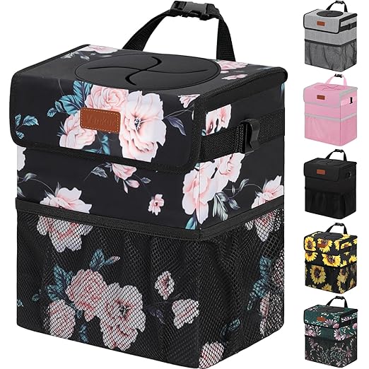 Vankor Car Trash Can for Car Cute,Bag Bin Hanging Waterproof Automotive Garbage Cans Leak Proof Vehicle Trash Can Black Floral
