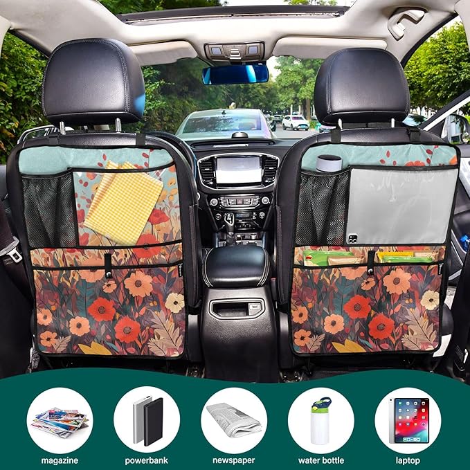 2 Pack Back Seat Car Organizer with Storage Pockets Kick Mats Back Seat Protector Hanging Car Organizer Automotive Seat Back Cover Organizers Autumn Poppy Flowers