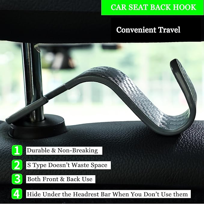 Amooca Car Seat Headrest Hook 4 Pack Hanger Universal Vehicle Car Storage Organizer for Handbag Purse Coat S Type Checkered Grey