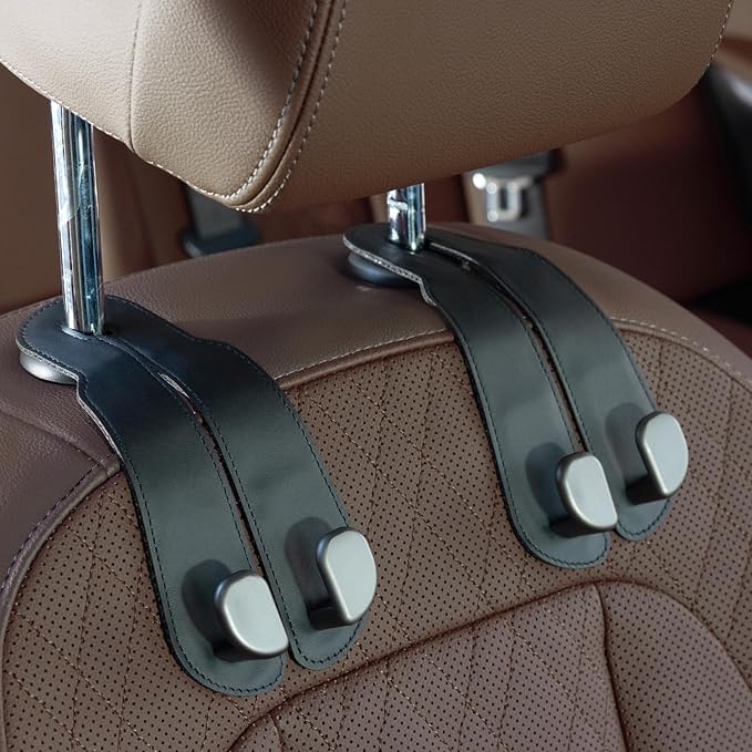 CoBak Purse Hook for Car - Universal Premium Stitched Leather and Aluminum-Magnesium Alloy Double Car Seat Back Storage Hook for Purses, Handbags, Bags (2 Pack),Black