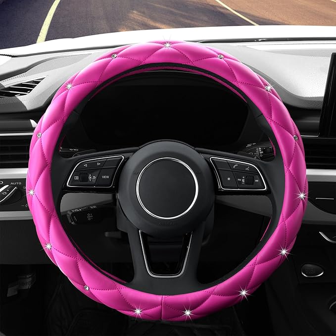 YOGURTCK Cute Diamond Soft Leather Anti-Slip Steering Wheel Cover with Bling Bling Crystal Rhinestones, Universal 15 Inch for Women Girls, Fit Vehicles, Sedans, SUVs, Vans, Trucks - Hot Pink
