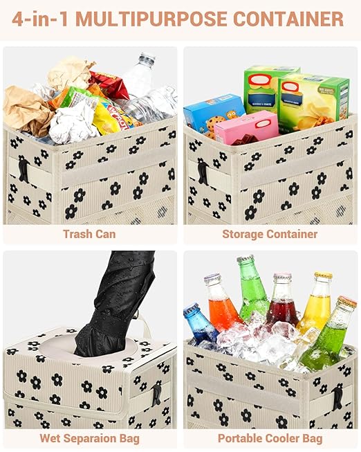 Capolo Car Trash Can with Lid, Leakproof Car Trash Bag Hanging Waterproof Automotive Garbage Can with Storage Pockets Mini Vehicle Trash Bin for Back/Front Seat(Corduroy Black Flower,2.5 Gallon)