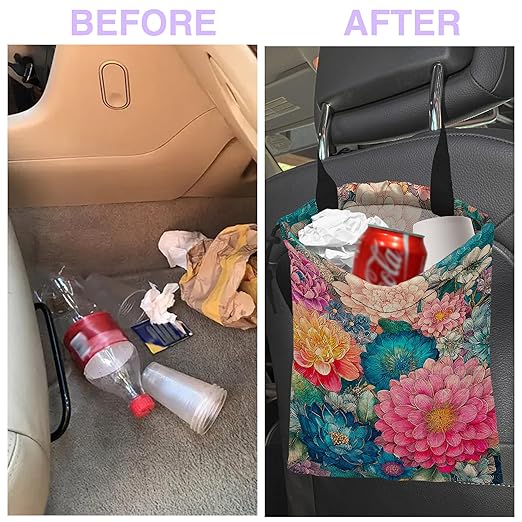 UUCBTAH Car Trash Bag Hanging Colorful Flowers Blooming Car Trash Can for Back Seat Waterproof Car Trash Bin with Adjustable Straps and Drawstring for Car Accessories Vehicle Travelling Camping