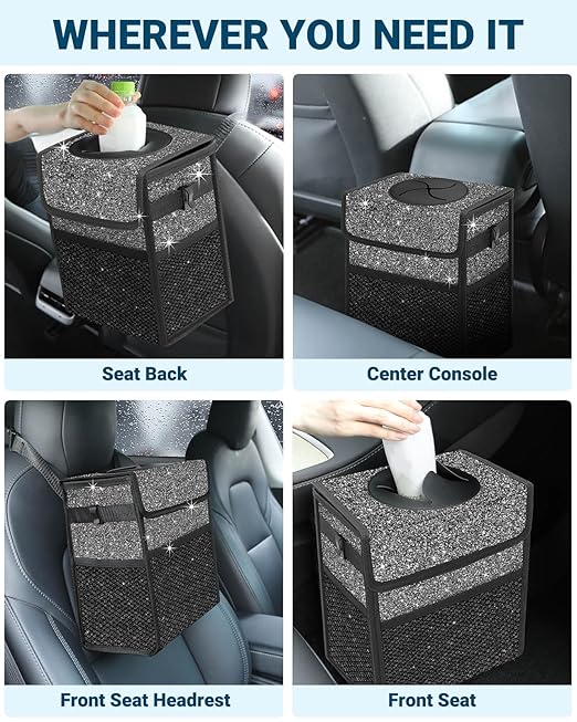 Capolo Car Trash Can with Lid, Leakproof Car Trash Bag Hanging Waterproof Automotive Garbage Can with Storage Pockets Mini Vehicle Trash Bin for Back/Front Seat(Sparkly Black,2.5 Gallon)