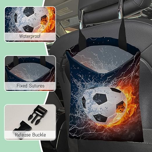 NHNXHWIA Soccer Ball Car Trash Bag,Fire and Water Hanging Drawstring Car Garbage Bag,Waterproof Canvas Car Back Seat Organizer with Adjustable Buckle,for Vehicles,SUVs,Camping,Road Trips