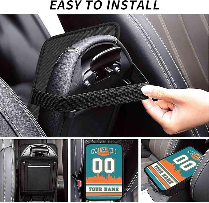 Custom Miami Car Armrest Covers Personalized Football Style with Name Number Customized Auto Center Console Pad Car Handrail Box Cushion for Most Vehicle Decor Accessories, Fans Gift